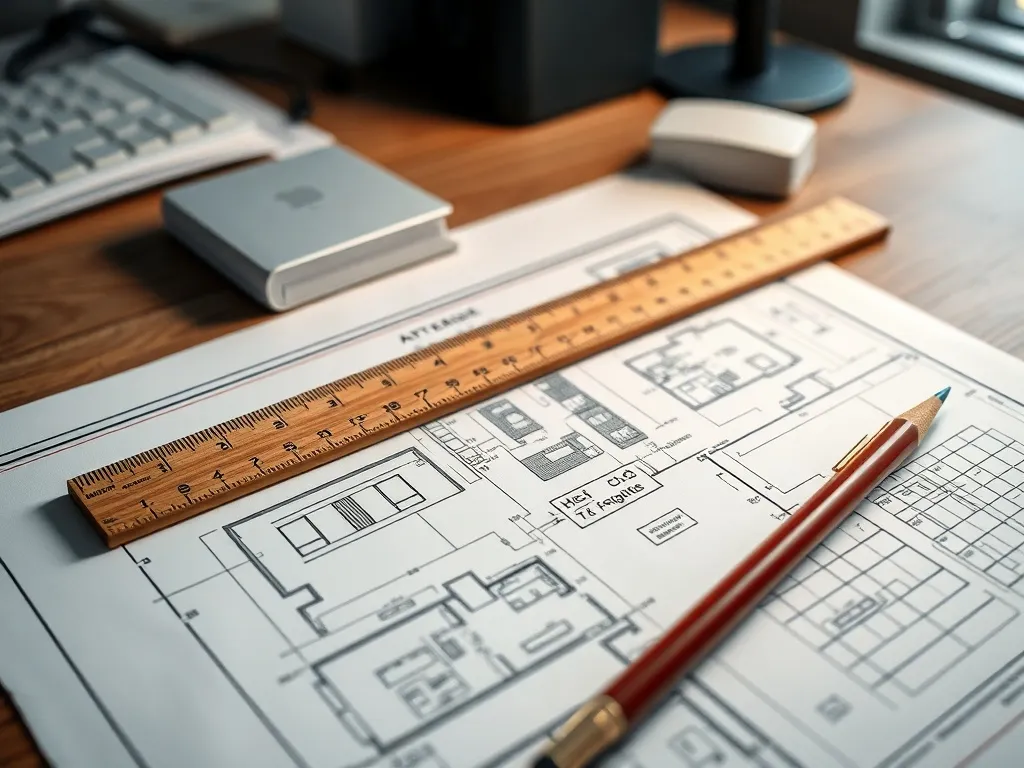Detailed architectural blueprint on a desk with a wooden rul