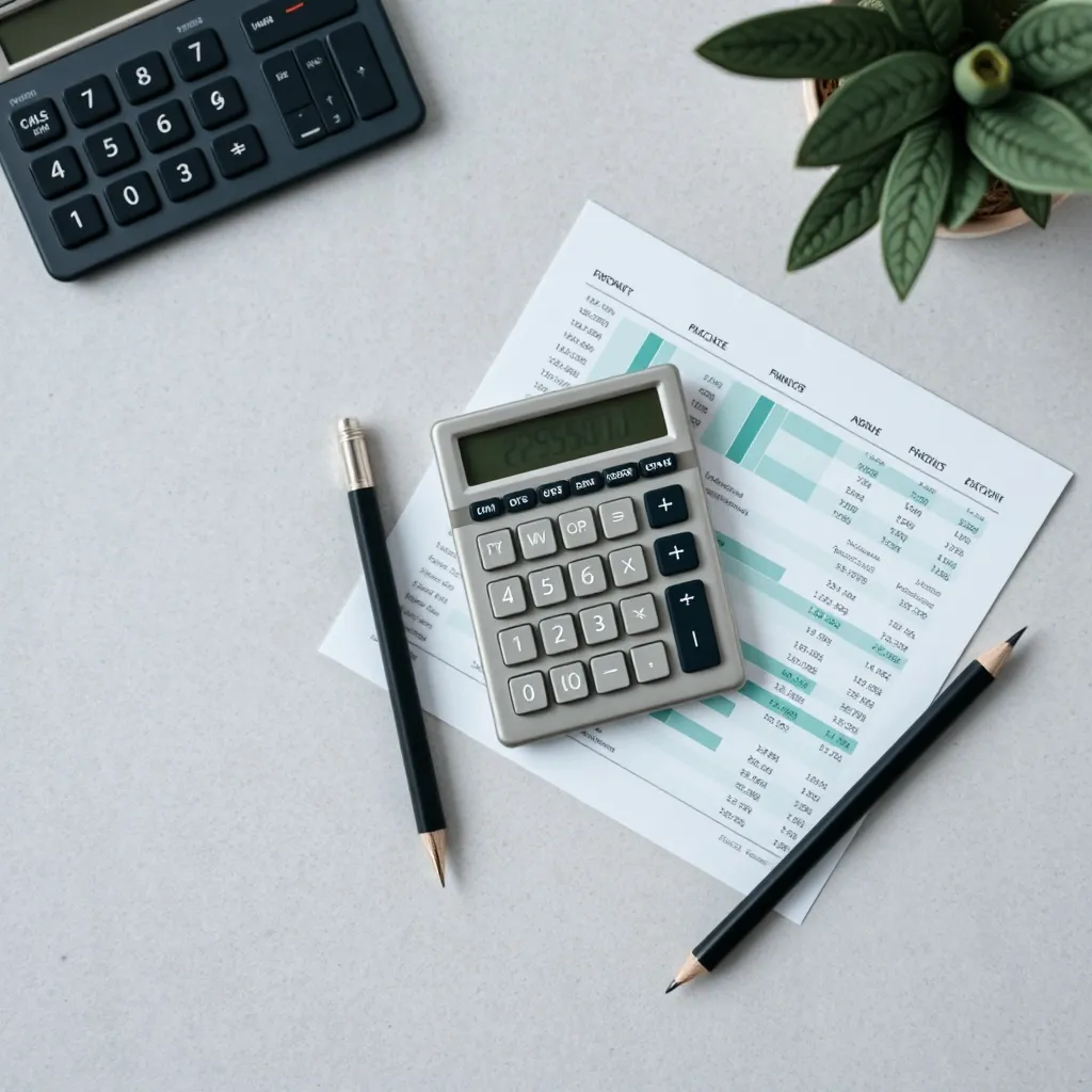 Top view of a calculator, pencil, and financial spreadsheet