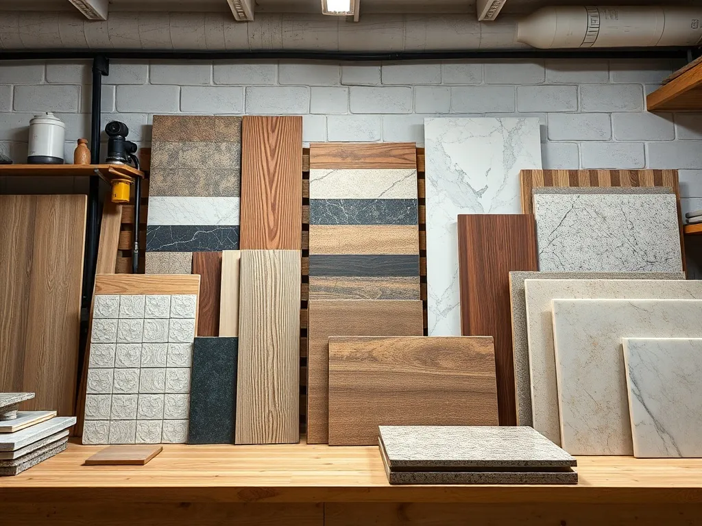 Construction materials samples, ceramic tiles, wood planks,