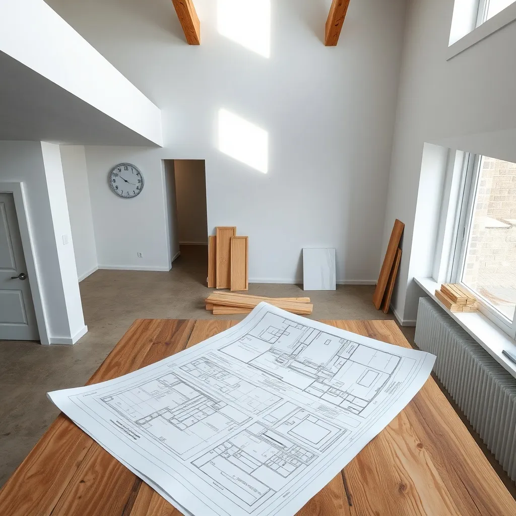 Minimalist interior construction site, architectural bluepri
