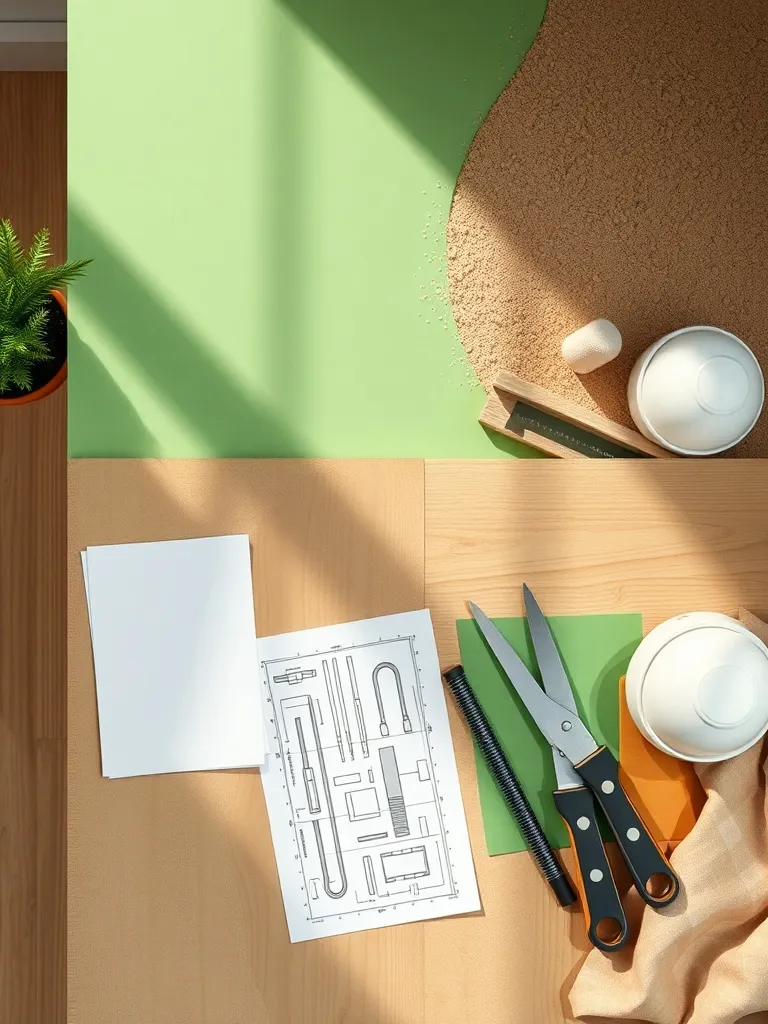 A minimalist construction site with green and sand color acc
