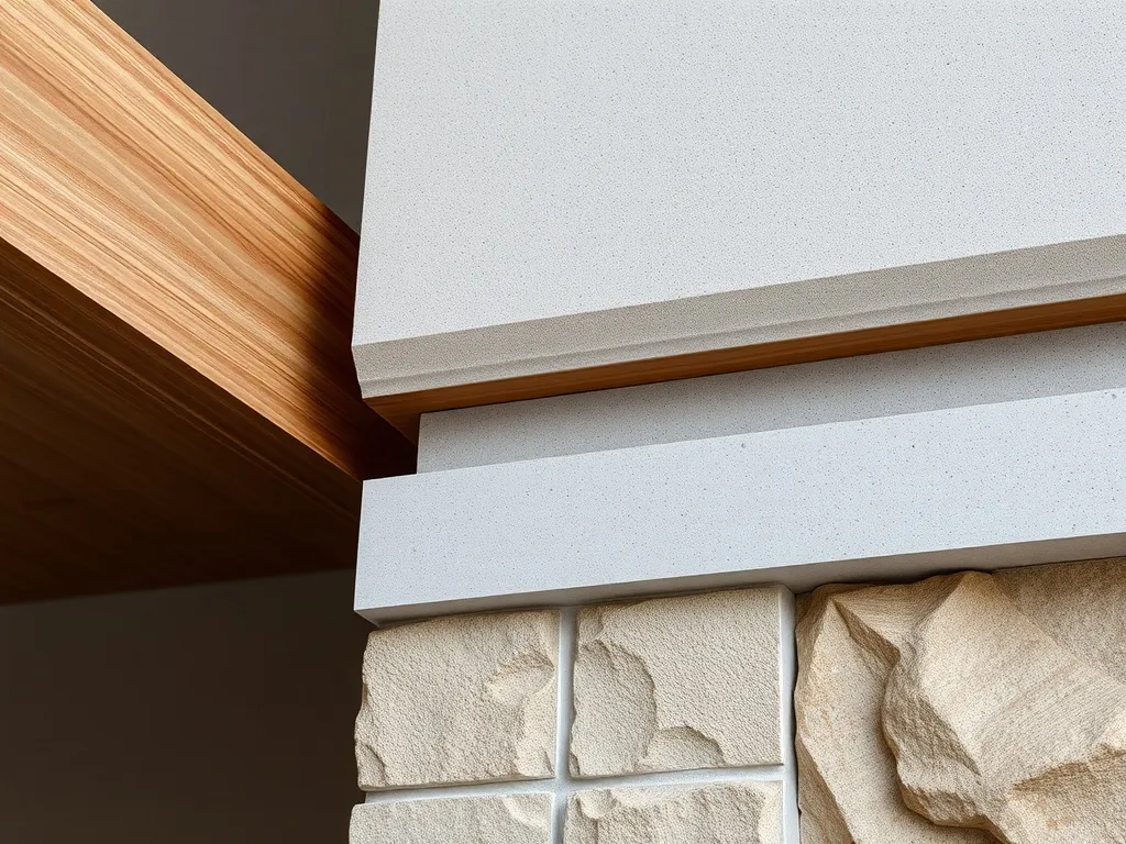 High-quality architectural close-up of natural wood, stone,